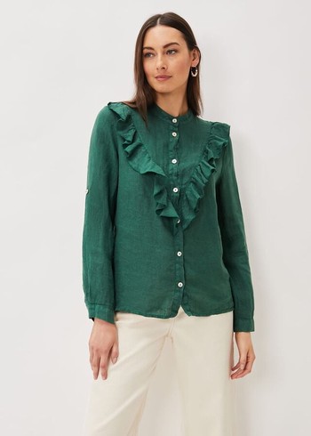 Phase Eight Enid Linen Frill Shirts Dark Green Canada | ERGHTA-532